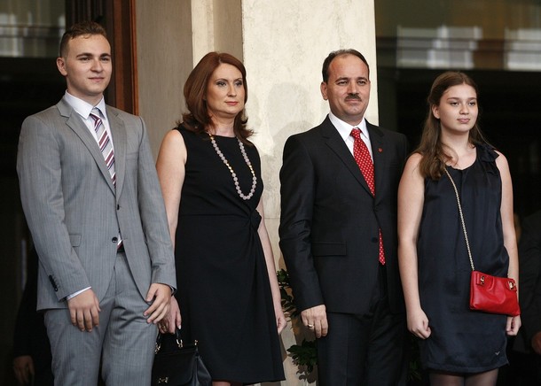 Albania's New President Nishani Stands With His Wife Odeta And His Daughter, Fiona And His Son Ilir During A Ceremony In Tirana