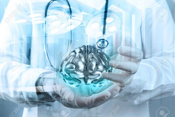 Double Exposure Of Doctor Neurologist Hand Show Metal Brain With