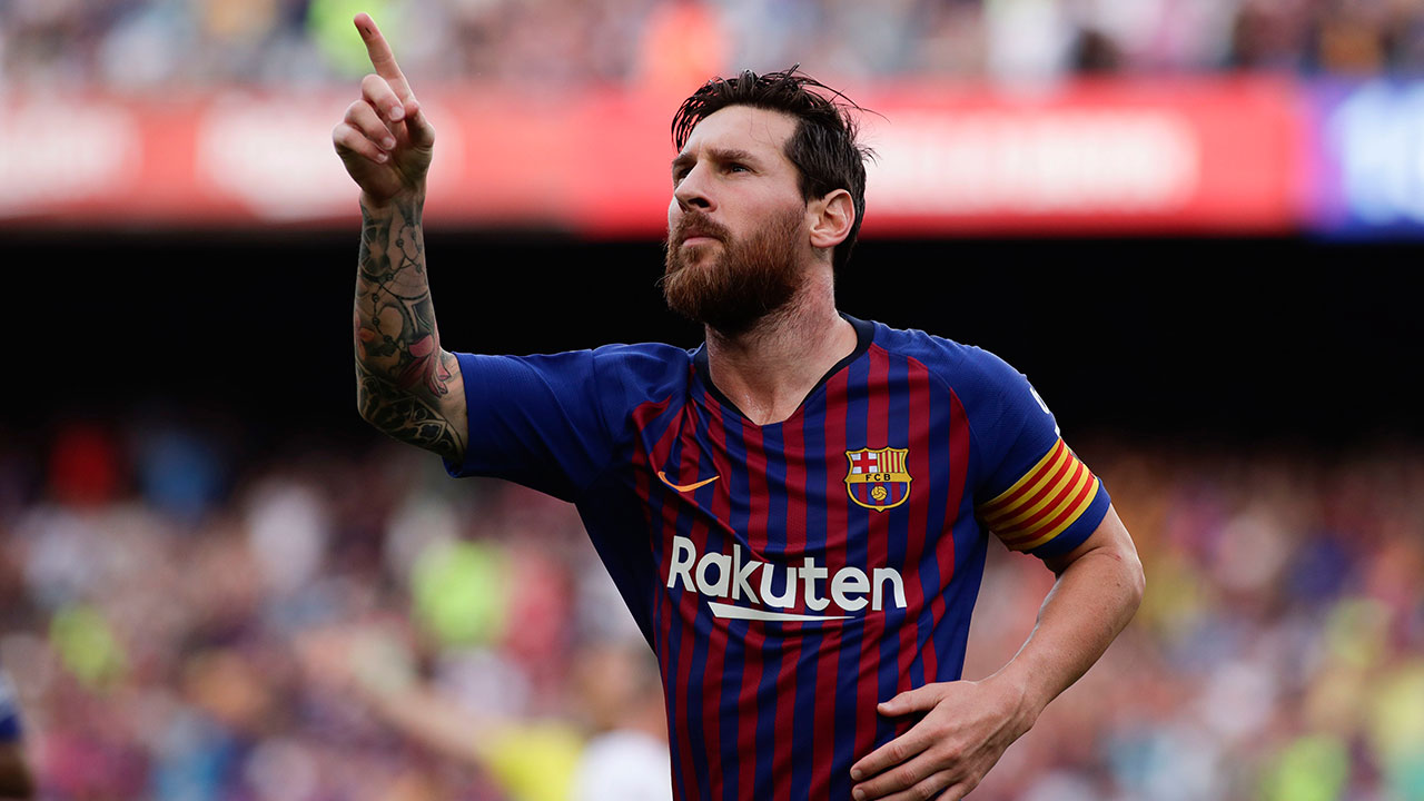 Soccer Messi Barcelona Celebrates Goal Against Huesca