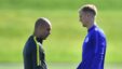 Joe Hart Talks With Mananger Pep Guardiola On Training Pitch In 2016