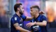 Hakan Calhanoglu Hugs Nicolo Barella After Scoring For Inter Milan In Serie A