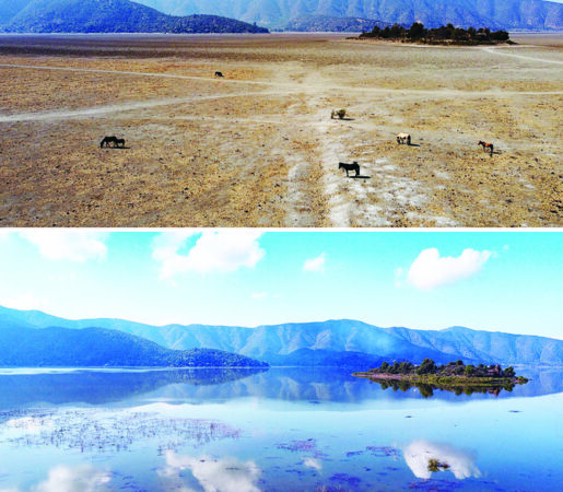 A Combination Drone View Shows Aculeo Lagoon Following Drought Season And The Same Lagoon After A Pouring Rain Season, In Chile