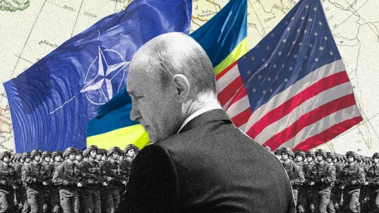 Russian President Vladimir Putin Against The Backdrop Of Nato Ukrainian And Us Flags