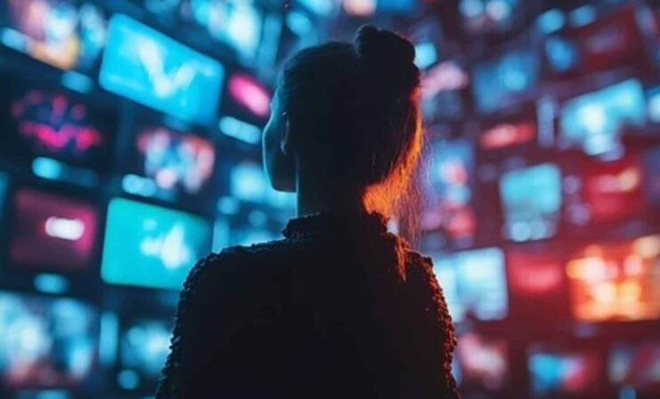 A Women Looking At Multiple Screans 1200x727