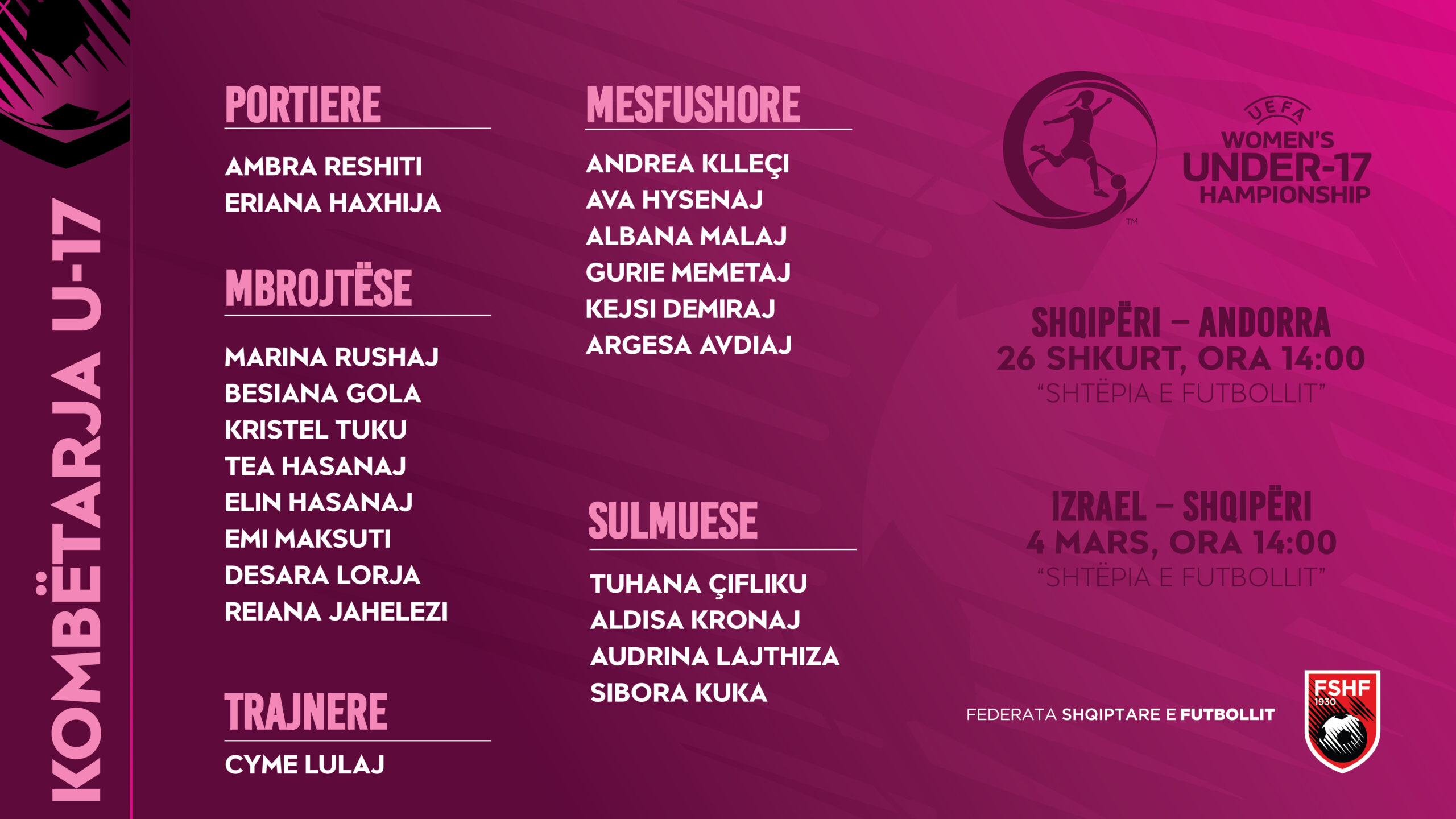 Euro U 17 për vajza  Kombëtarja nis të hënën grumbullimin për ndeshjet e raundit të dytë  trajnerja Lulaj fton 20 futbolliste