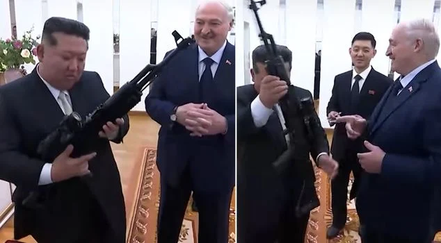 VIDEO  Lukashenko vizitë në Korenë e Veriut  i dhuron Kim Jong Un it një pushkë sulmi