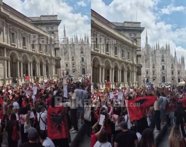 “Dorëheqje e Ramës”/ Me flamuj kuq e zi, pankarta dhe flamingo, shqiptarët në Itali mbushin sheshin në Milano, mbështesin revoltën e Tiranës (VIDEO)