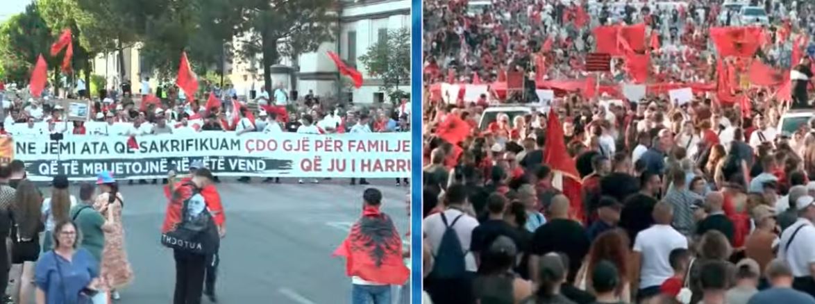 LIVE  Uragani i protestuesve mbulon bulevardin  Shpaloset pankarta gjgante  Ne jemi ata që sakrifikuam çdo gjë për familjet që   