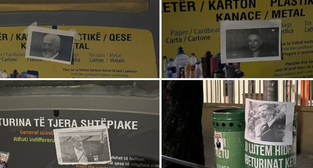 FOTOLAJM  Qytetarët  hedhin  në mbeturina politikën  Protestuesit ngjisin fotot e Ramës  Berishës e Ballukut mbi k   