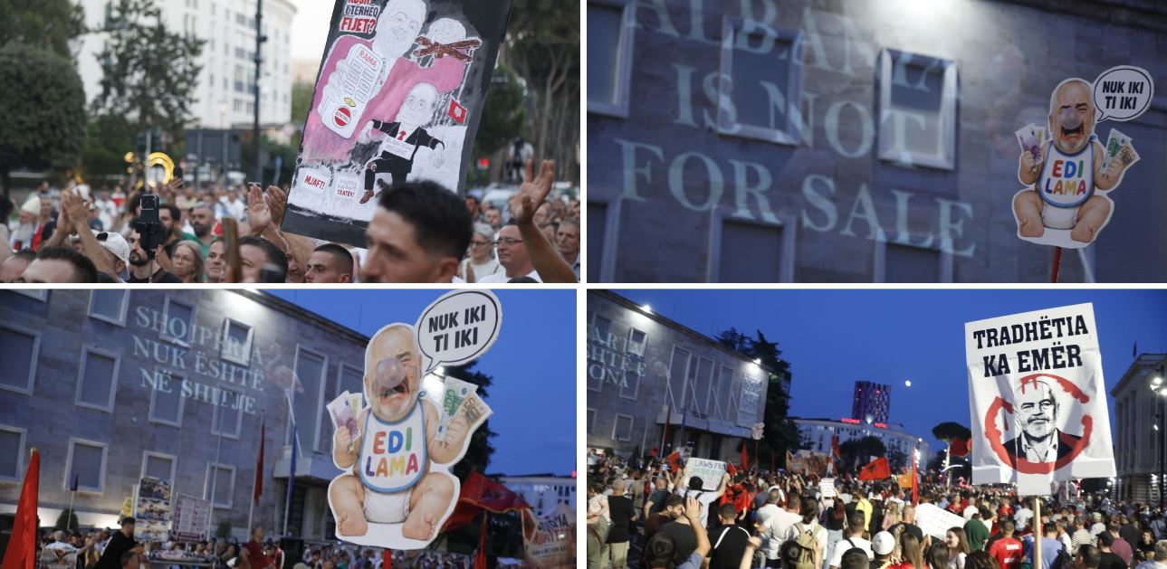 FOTOLAJM   Tradhtia ka emër    Pankartat pikante që goditën Ramën në protestë  Shqipëria nuk është në shitje 
