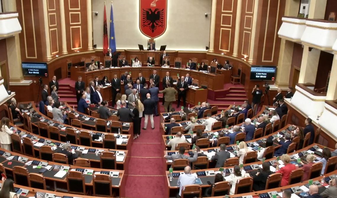 Vijon protesta para Kuvendit  opozita në sallë nuk lëshon foltoren   Mazhoranca voton pa debat rendin e ditës  Hodhi ujë drejt   