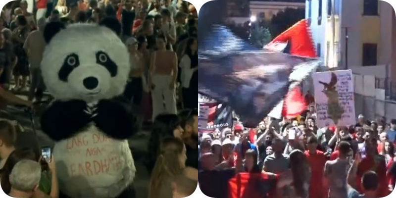 FOTO VIDEO  Revolta kundër Ramës   panda  shfaqet me mesazh simbolik në protestë  Larg duart nga e ardhmja