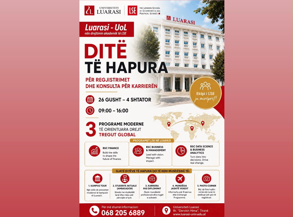 Universiteti  Luarasi  hap dyert për maturantët  Ditët e Hapura nga 26 gusht deri më 4 shtator